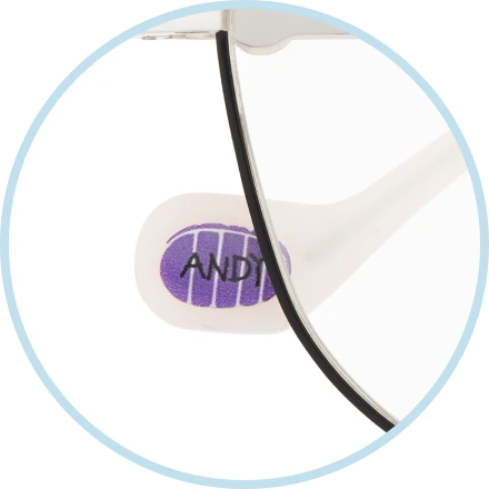 A footprint with the name “Andy” on the left temple tip