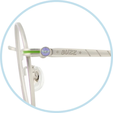 The left temple is engraved with the word “Buzz” and features a Star Command motif