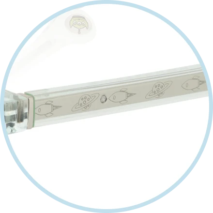 Clear temples reveal space rocket patterns along the inner wire cores